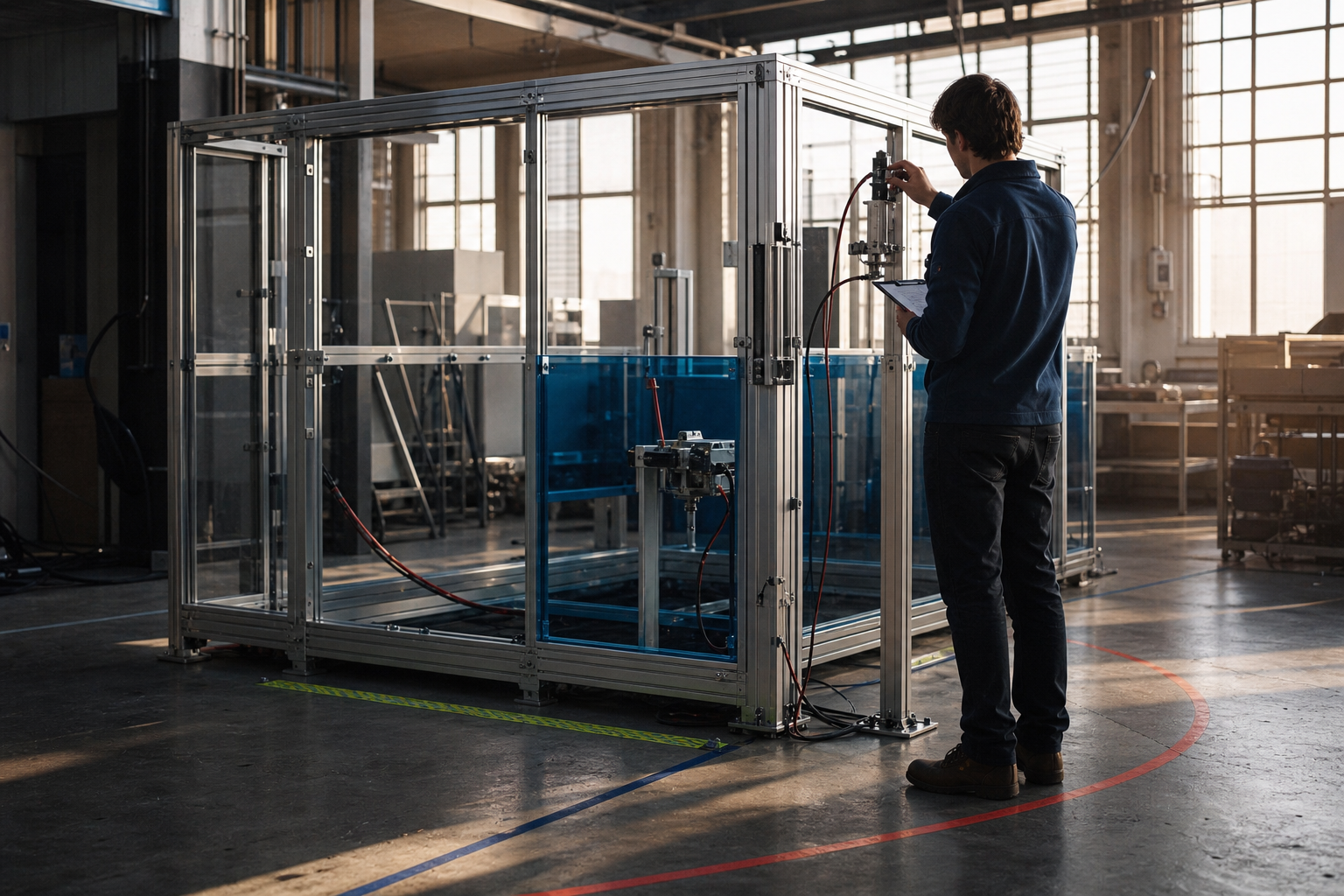 A working pilot installation being checked in an industrial workshop.